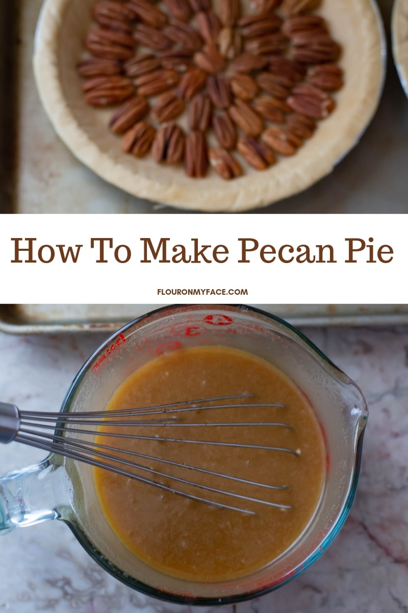 photo of a glass measuring cup filled with homemade pecan pie filling with a pie crust and pecan halves in the background.