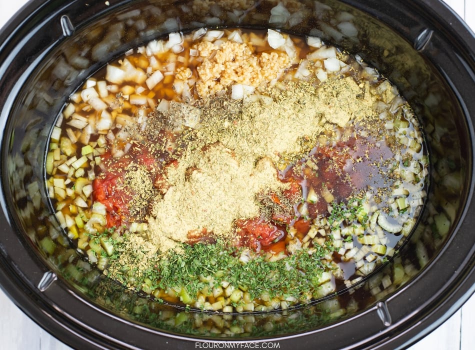 Overhead photo of Crock Pot Italian Bean Soup ingredients before cooking.
