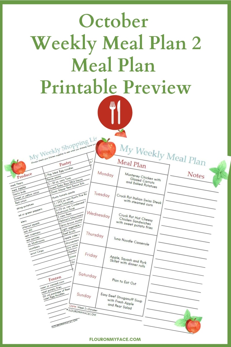 October Meal Plan Week 2 printable preview image of the menu plan printable and shopping list printable