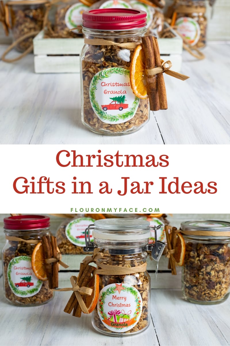 Christmas Granola in mason jars that are the perfect food gift to share during the holiday season. Three different examples of jar sizes that can be used.