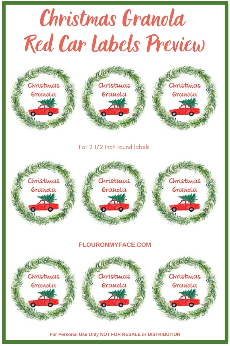 Preview image Christmas Granola Red Car with Christmas tree printable labels for your homemade Christmas Granola food gifts during the holiday season