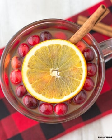Crock Pot Christmas Wassail Recipe served in mug with whole cranberries, orange slice and cinnamon stick
