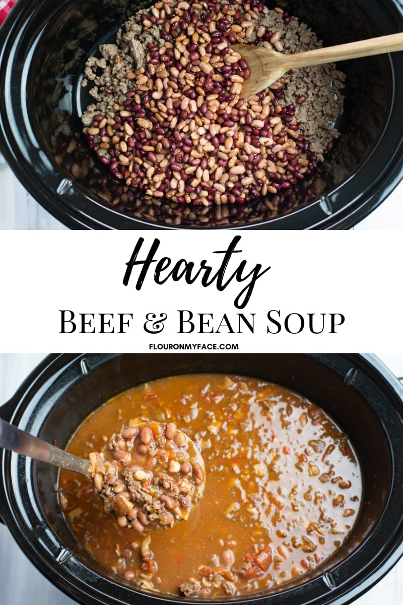 Collage image of dried beans and browned ground beef in a crock pot with a photo below of the cooked hearty beef and bean soup