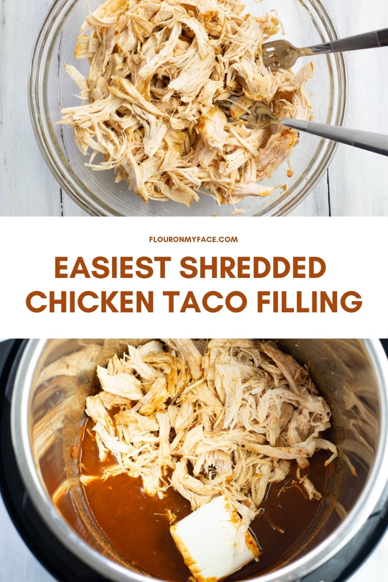 photo of shredded chicken in a bowl and below a photo of the Instant Pot insert with the ingredients for creamy chicken tacos.
