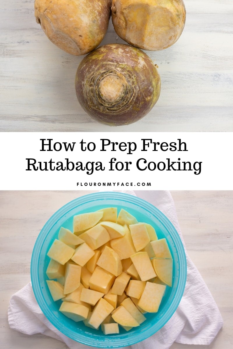 a photo with whole fresh rutabaga before cutting and a photo of a bowl filled with water and cubed rutabaga pieces.