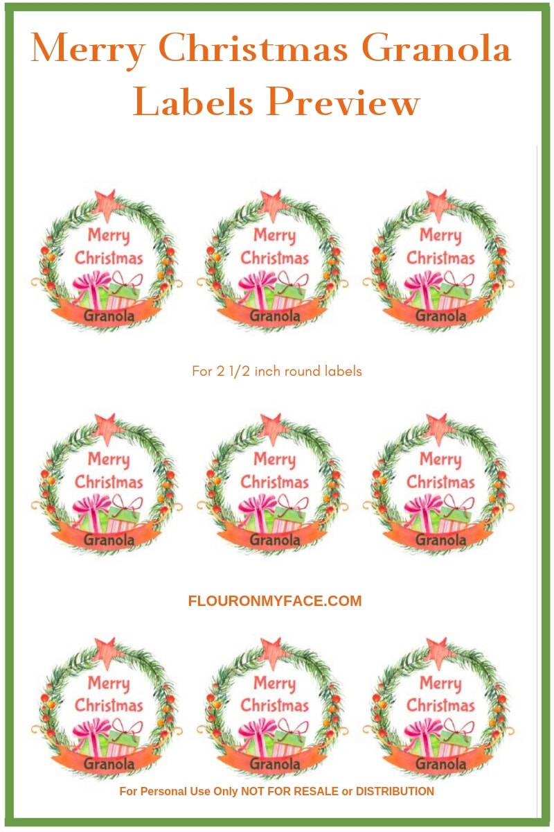 Preview image Printable Merry Christmas Granola Labels to decorate your holiday food gift of homemade Christmas Granola