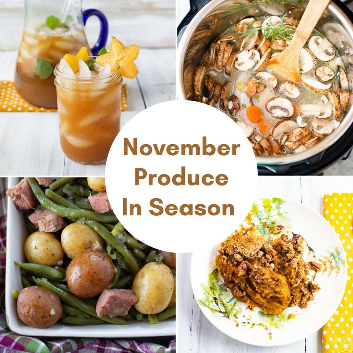 Collage image of four examples of recipes made with fresh November Produce 