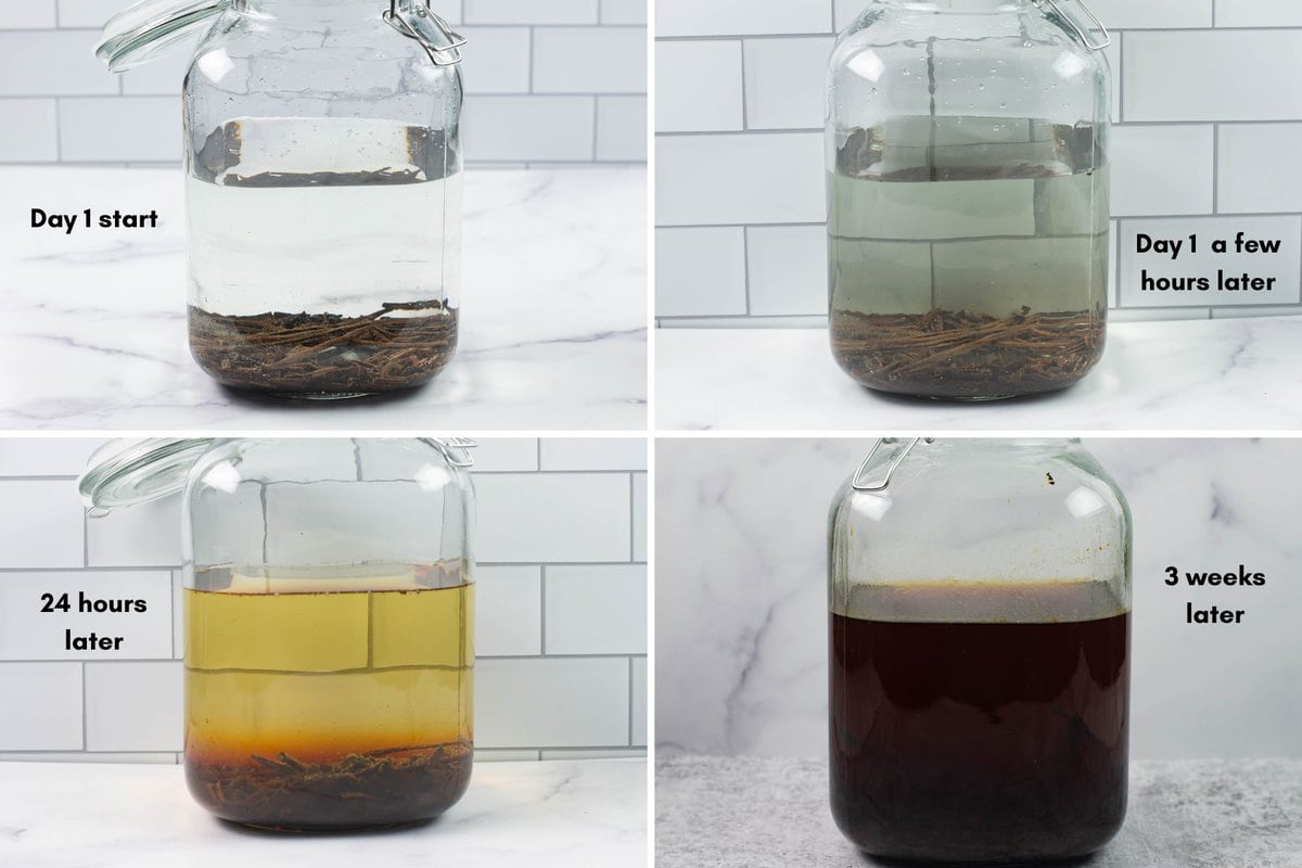 Four images showing how quickly the extract darkens.
