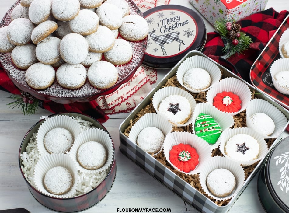 Cookie tins filled with a variety of Christmas Cookies