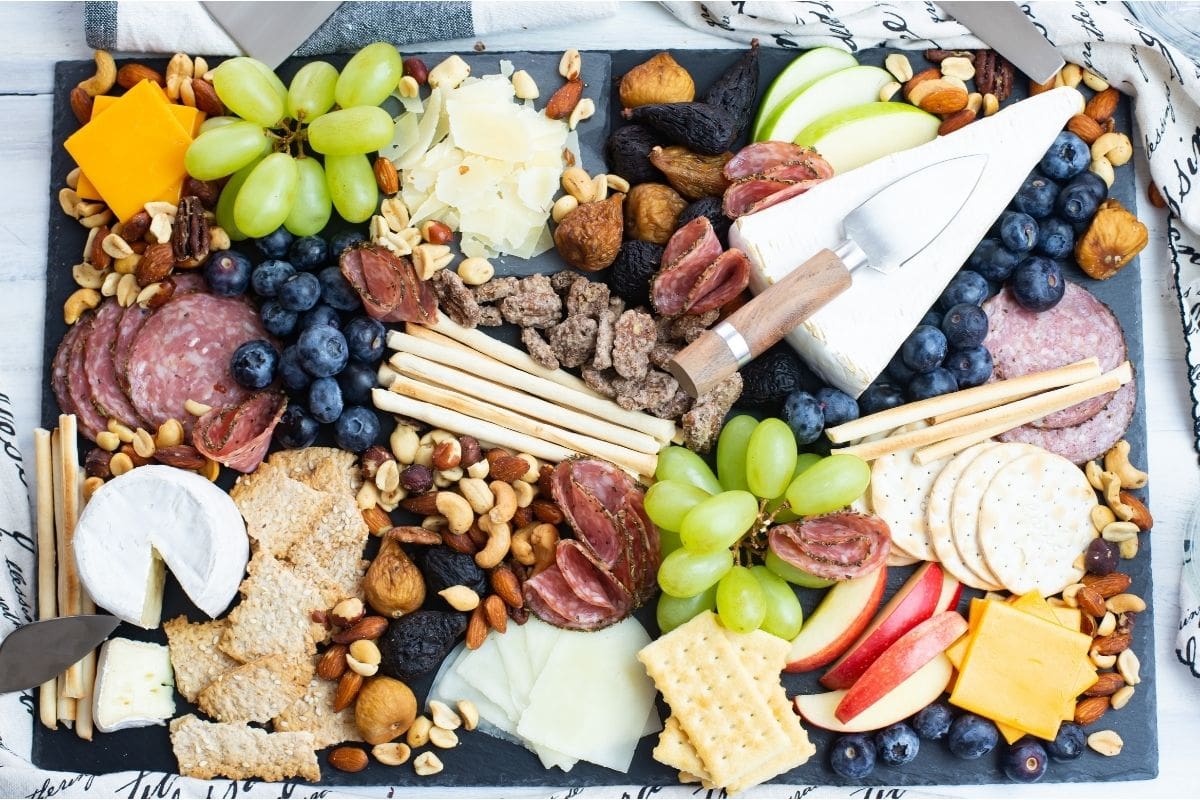 Overhead view of a cheese plater.