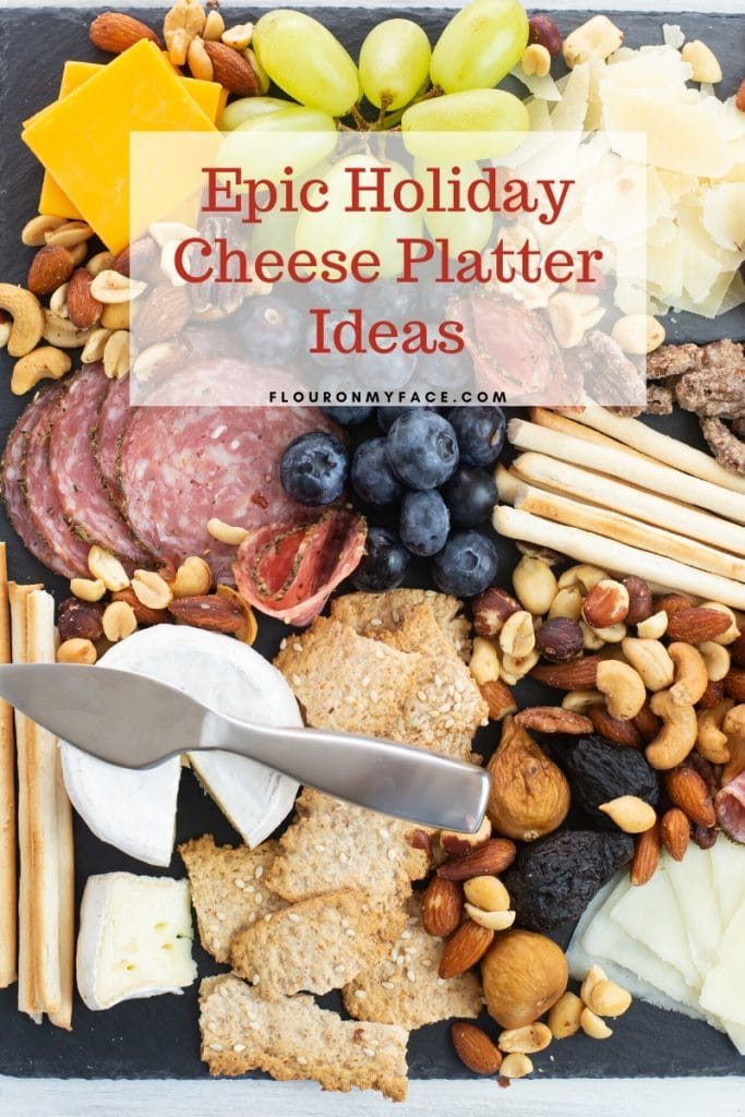 Overhead closeup photo of some of the ingredients included on my holiday cheese board