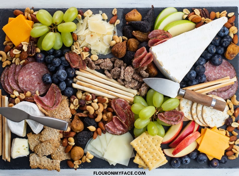Overhead photo of a holiday cheese board