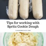 collage image of Spritz cookie dough in a bowl and 3 individual plastic wrapped rolls of cookie dough
