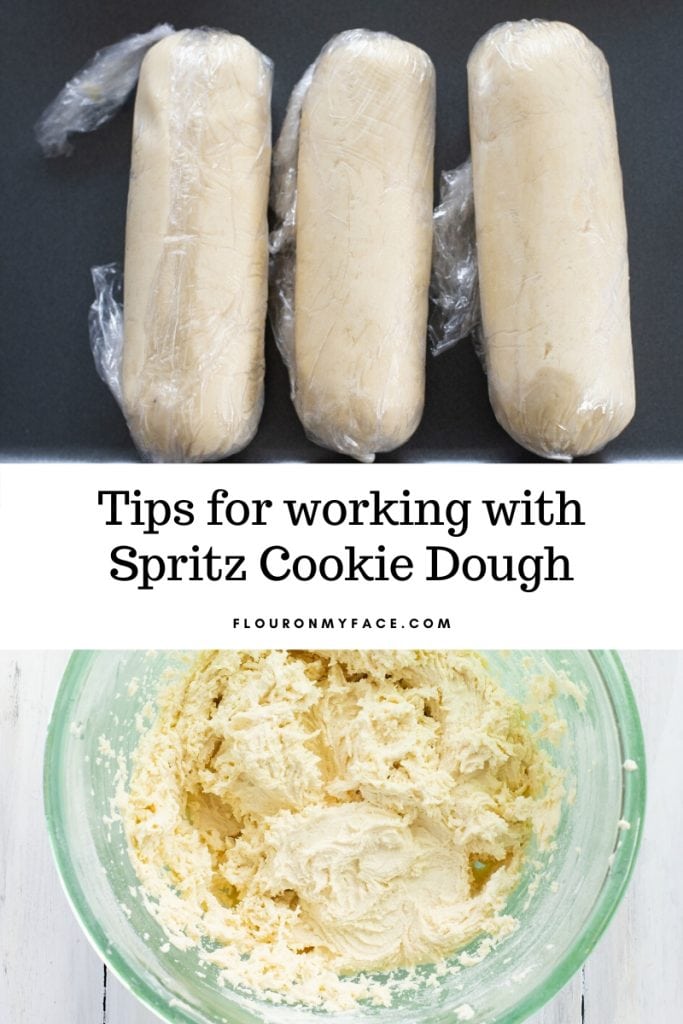 collage image of Spritz cookie dough in a bowl and 3 individual plastic wrapped rolls of cookie dough