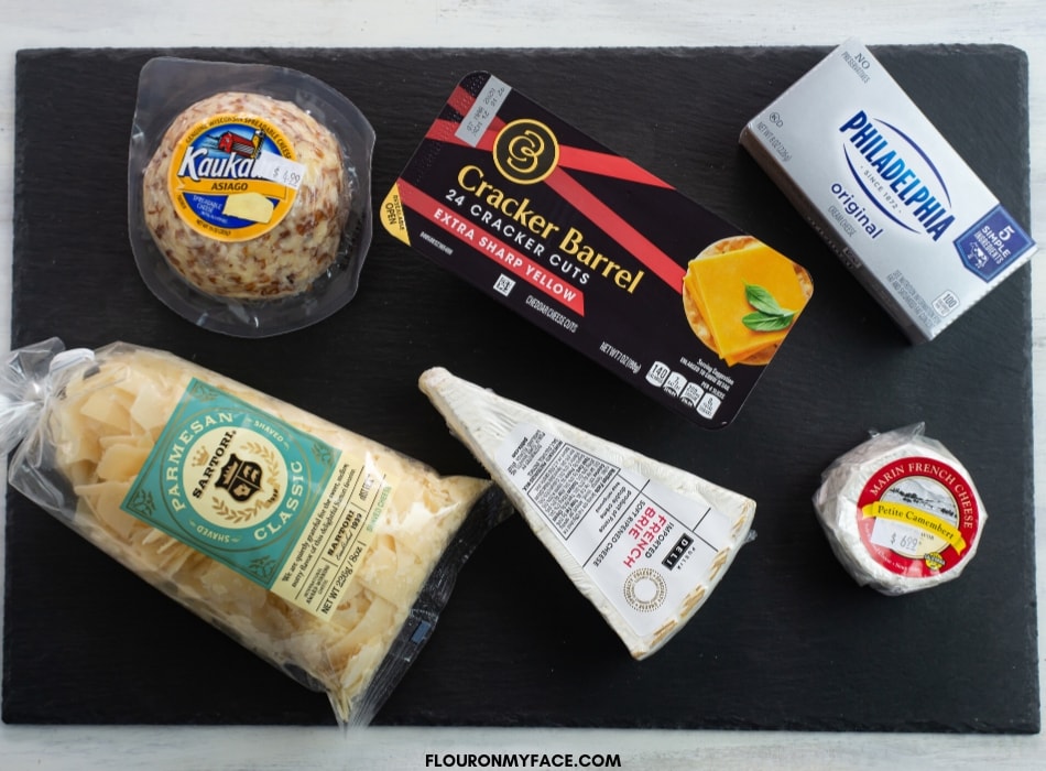 An example of some of the types of cheeses to use on a holiday cheese platter