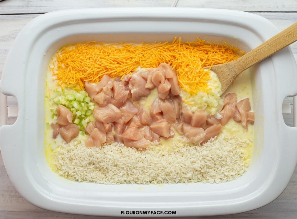 Creamy Chicken and Rice ingredients in a casserole crock pot 