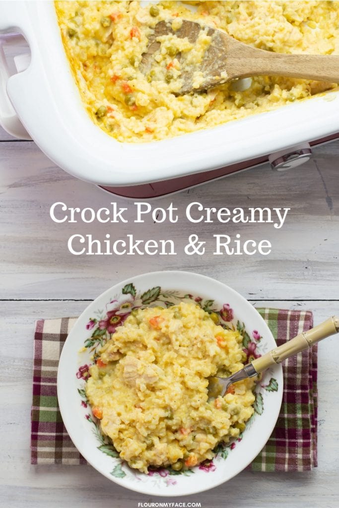 overhead image of a bowl of Crock Pot Creamy Chicken and Rice