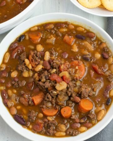 Instant Pot 15 Bean Soup with ground beef Recipe served with crackers