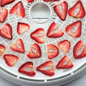 Overhead photo of dehydrated strawberries that have been sliced