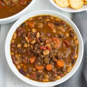 Instant Pot 15 Bean Soup with ground beef Recipe served with crackers