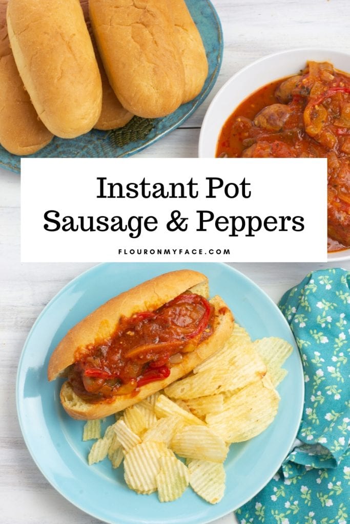 Instant Pot Sausage and Peppers on a sub roll served with chips on a blue plate and a cloth napkin.