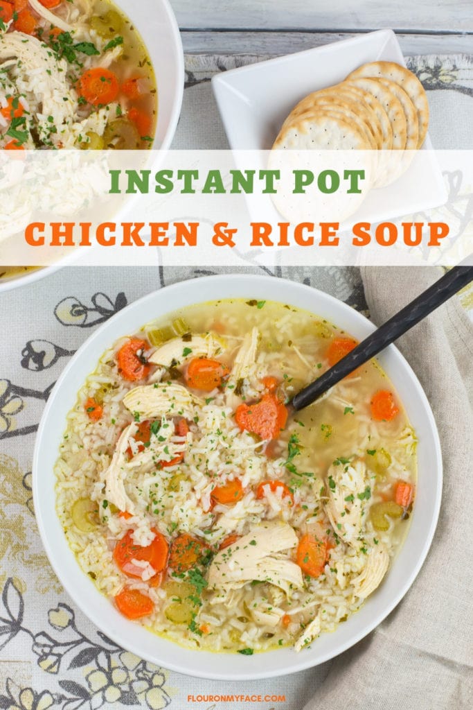 a white bowl of Chicken and Rice Soup made in a pressure cooker