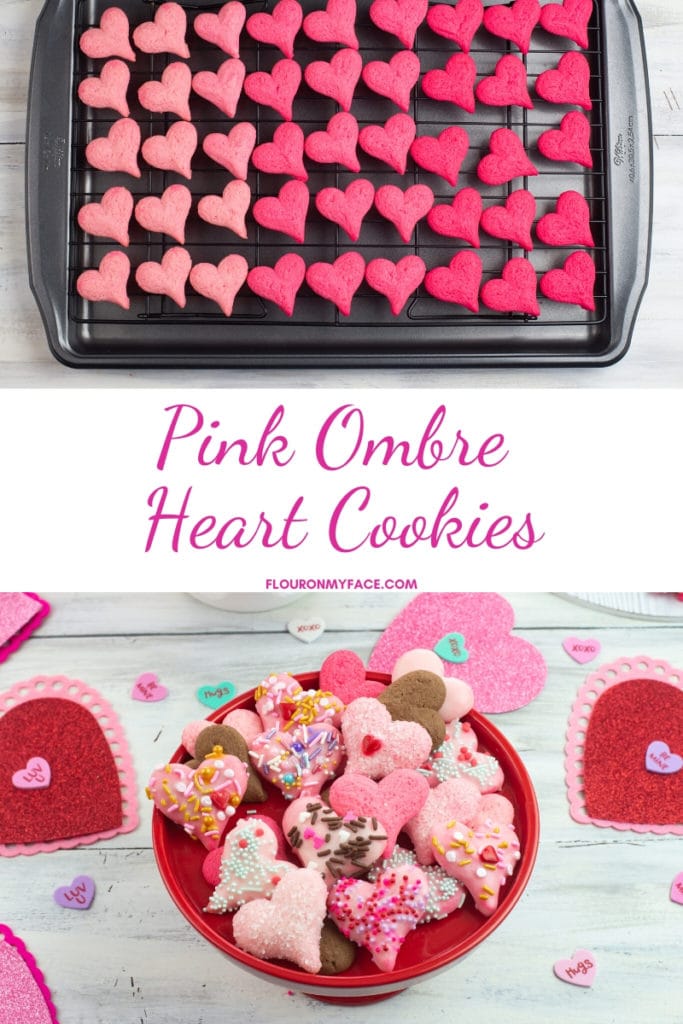 Photo of undecorated pink ombre heart cookies with another photo of the ombre cookies decorated for Valentines Day