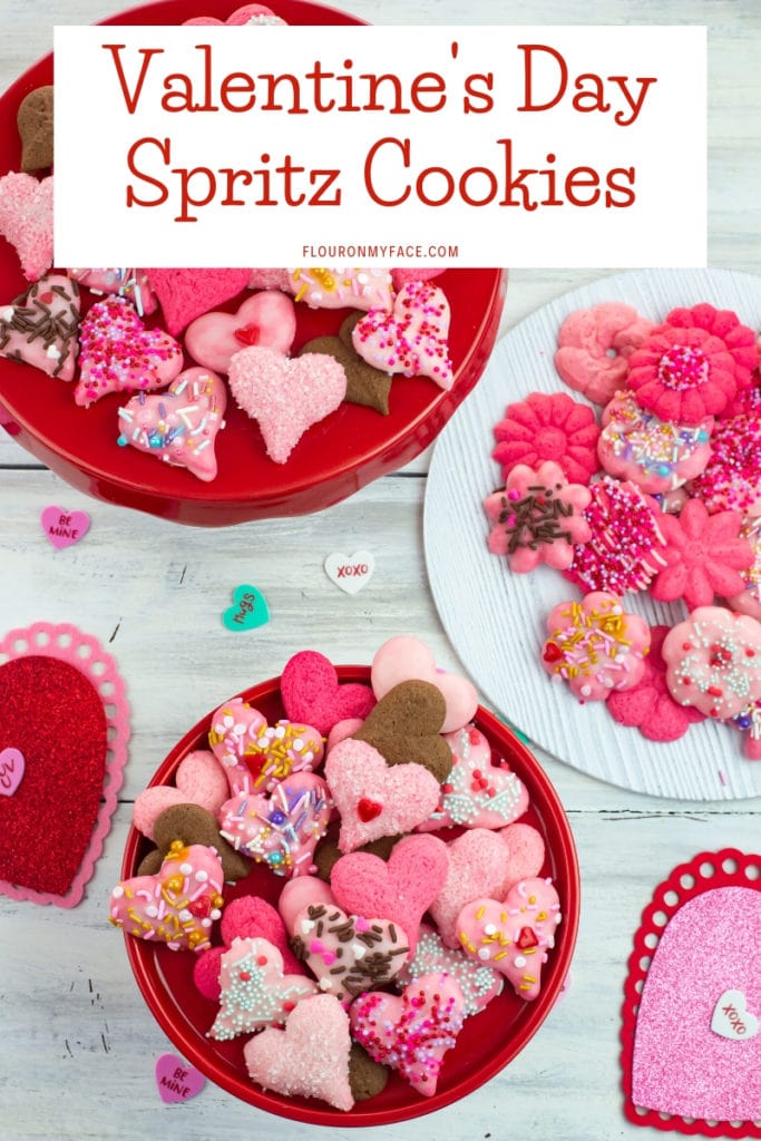 Valentines Day Spritz Cookies on a cake stand and plate.