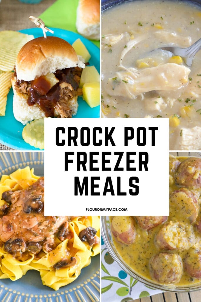 collage of crock pot recipes for 21 Crock Pot Freezer Meals
