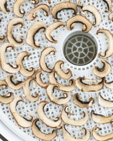 sliced fresh mushrooms on a food dehydrator tray