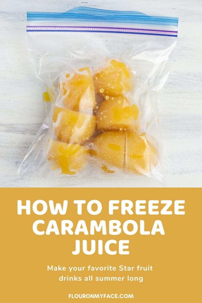 cubes of frozen carambola - star fruit juice in a ziplock bag