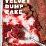 Overhead views of a Red Velvet Dump Cake baked in a vintage pyrex 9 x 13 baking pan
