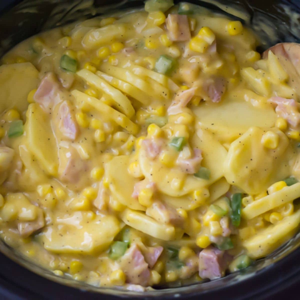 Cheesy ham and potato soup ingredients in the crock pot before slow cooking.