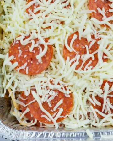 Pepperoni Spaghetti in an aluminum pan before it is baked