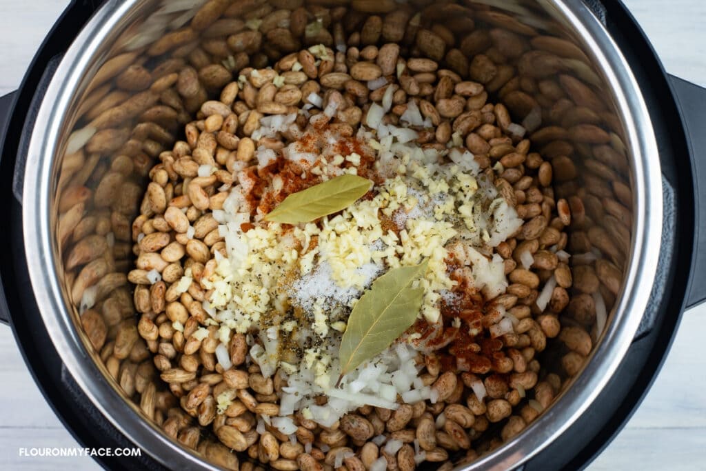 Instant Pot Refried Beans ingredients inside the pot before pressure cooking