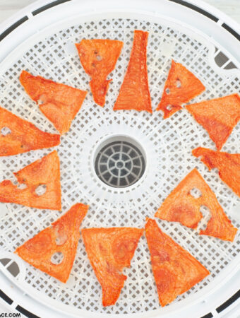 Dehydrated Watermelon triangles on a food dehydrator tray