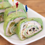 close up photo of Cucumber Ranch Turkey Wraps cut into Pinwheel shaped appetizers