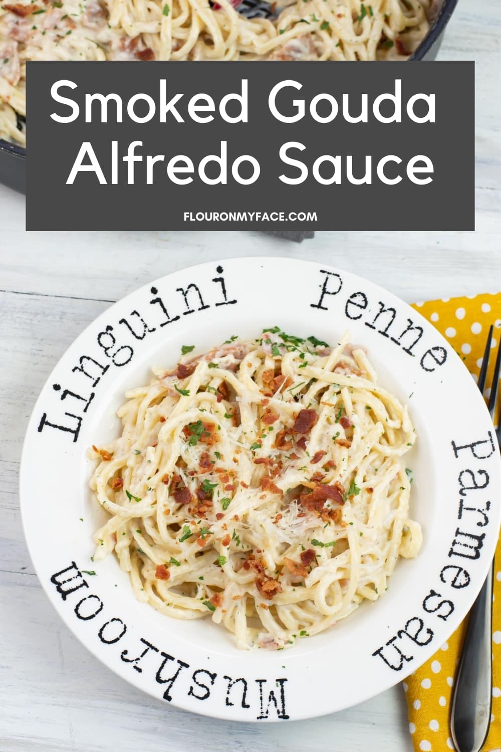 A pasta bowl filled with Smoked Gouda Alfredo covered pasta.