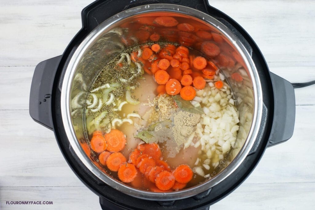 chicken soup ingredients in a pressure cooker