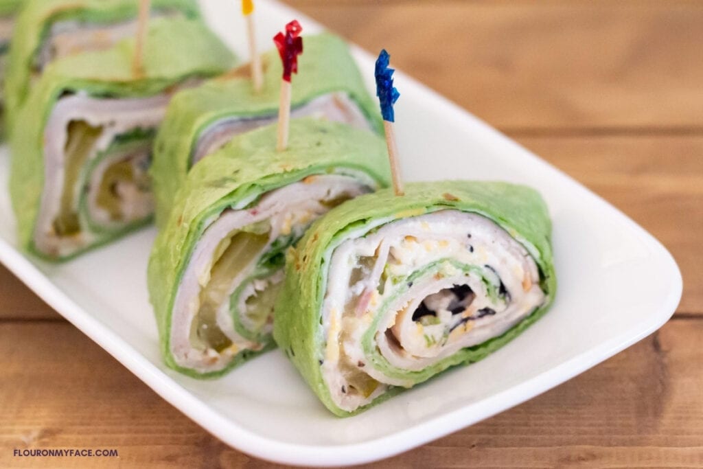Ranch Turkey Wraps cut into pinwheel shapes and served on a platter