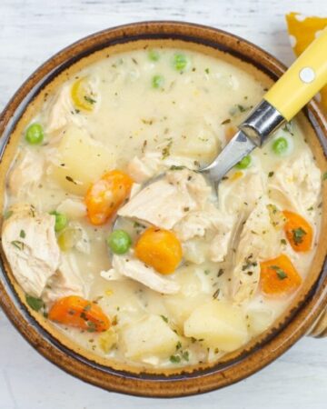 Instant Pot Chicken Stew served in a brown soup crock