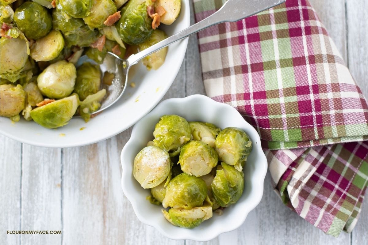 Brussels sprouts in a serving bowl.