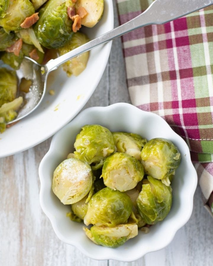 brussels sprouts in a small white bowl
