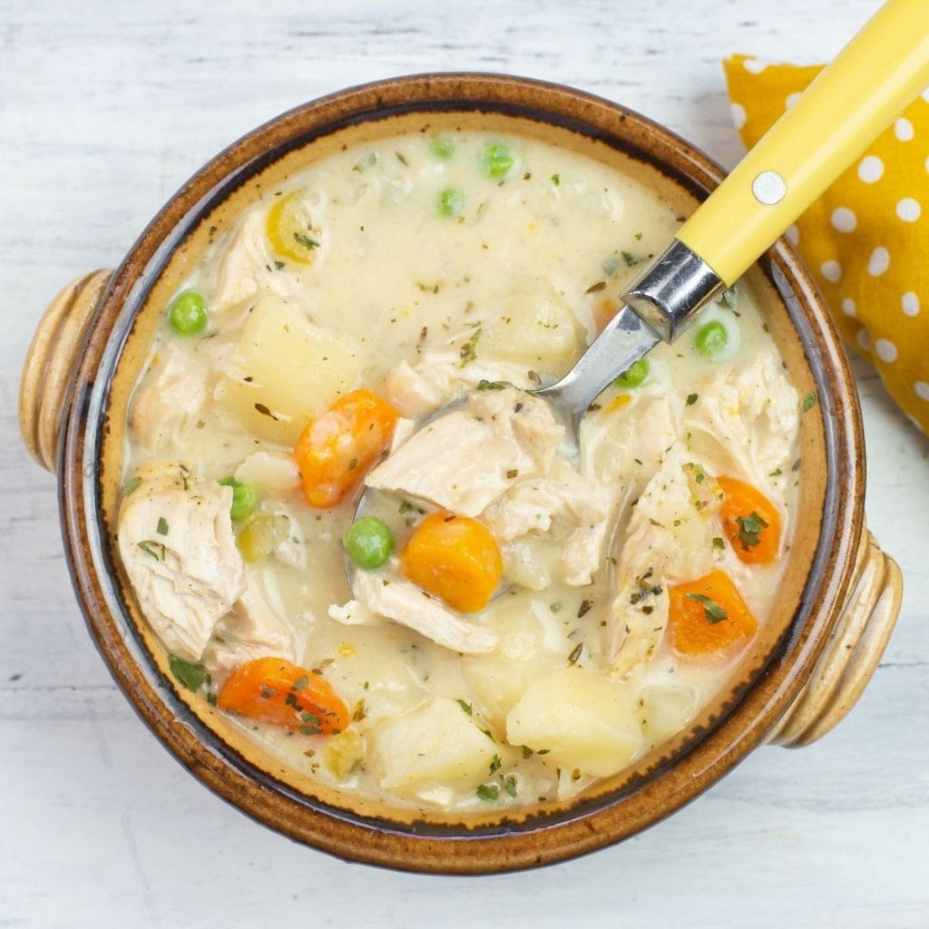 Instant Pot Chicken Stew served in a brown soup crock