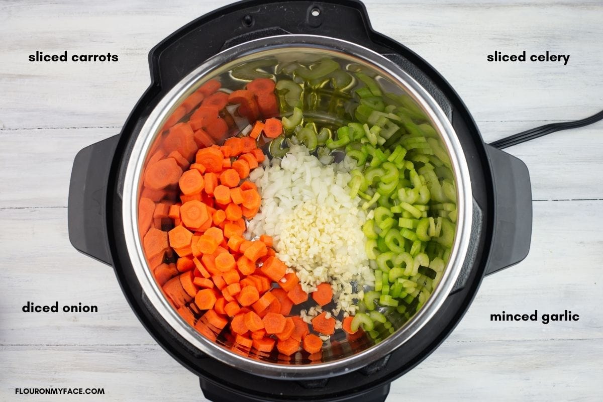 Sliced carrots, sliced celery, diced onion and minced garlic inside a pressure cooker before sautéing. 