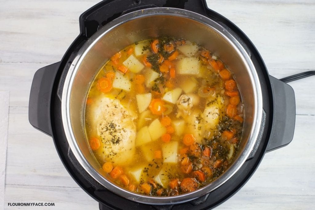 Over head photo of pressure cooked chicken stew in an Instant Pot