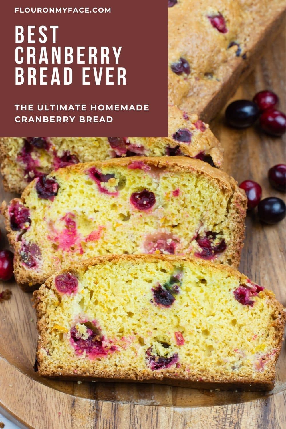 Slice of cranberry bread on cutting board.