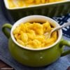 Butternut squash Mac and Cheese in a green bowl.