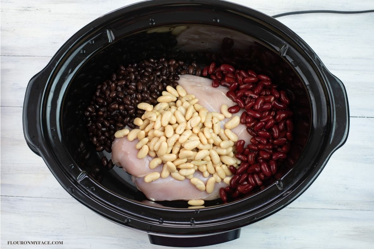 Crock pot filled with chicken and canned beans.