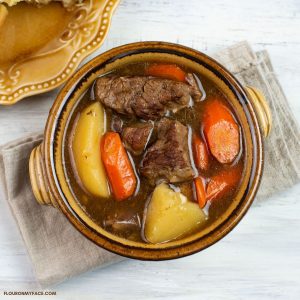 Overhead photo of a bowl filled with beef stew.